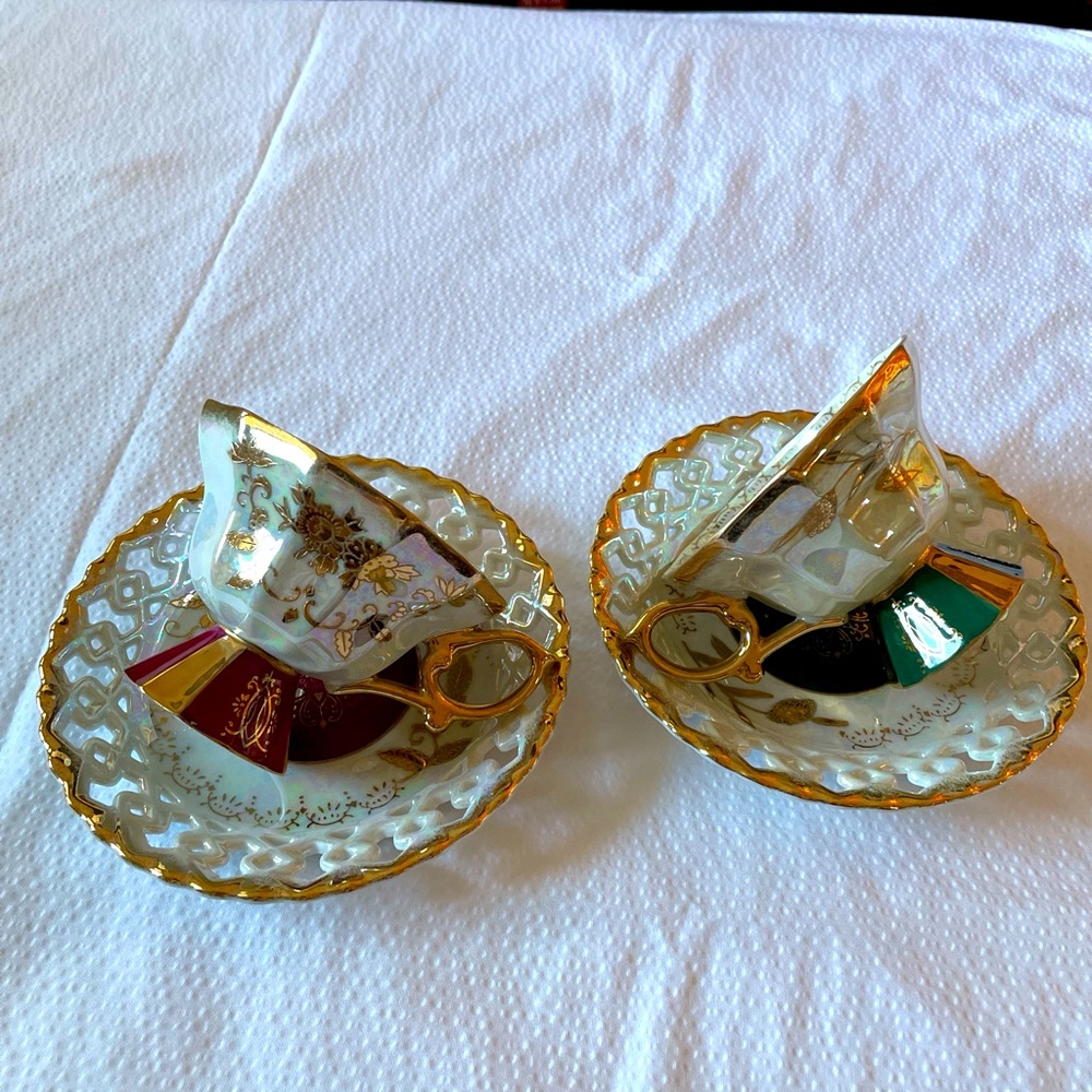 2 Vintage Royal Sealy Green/Burgundy/ Gold Cups& Saucers Porcelain, Japan